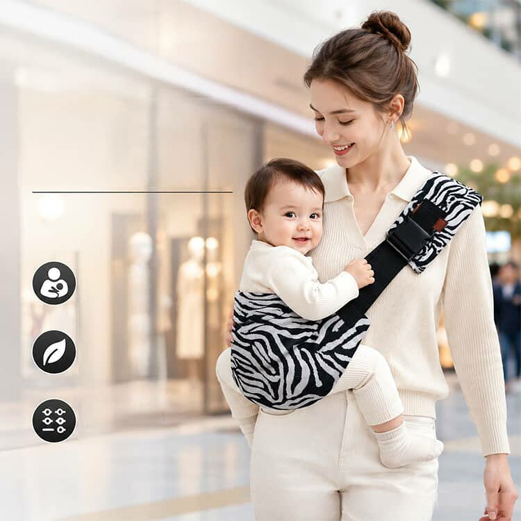 firststepのサイズ調節可能 軽量 ヒップシート 肩キャリア 斜め掛け ヒョウ柄 ベビーキャリア 抱っこひも コンパクト 抱っこ紐 電車 お出かけ オフホワイト チエック柄 抱っこひも シマウマ柄 ブラック｜アングル2