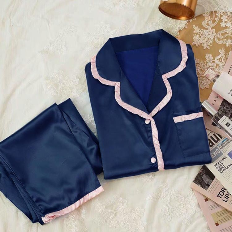 パジャマ レディース 上下セット ルームウェア フリル 5色 長袖 ロングパンツ シルクのような感触 光沢感 かわいい 前開き おしゃれ 無地 部屋着 春夏秋冬 大きいサイズ 通気 ゆったり ナイトウェア 女性