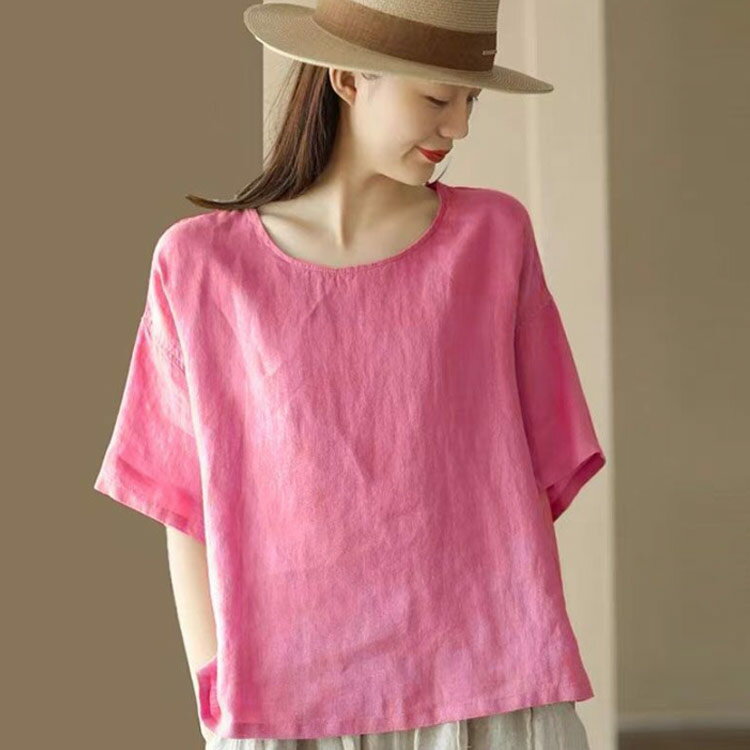 ブラウス シャツ 半袖 レディース 綿麻風シャツ リネン風シャツ クルーネック ラウンドネック Uネック tシャツ スリット 女性 レディース 春 夏 ゆったり 秋 30代 40代 50代 50代 60代 ドルマンブラウス カジュアル 大人 ナチュラル 送料無料 ルームウエア 部屋着