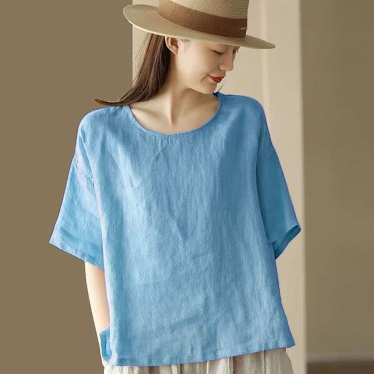 ブラウス シャツ 半袖 レディース 綿麻風シャツ リネン風シャツ クルーネック ラウンドネック Uネック tシャツ スリット 女性 レディース 春 夏 ゆったり 秋 30代 40代 50代 50代 60代 ドルマンブラウス カジュアル 大人 ナチュラル 送料無料 ルームウエア 部屋着