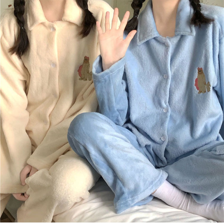 ルームウェア レディース パジャマ もこもこ 長袖 上下セット 前開き 可愛い 部屋着 保温 あったかい 無地 起毛 ふわふわ 秋冬用 肌に優しい 寝間着 マイクロフリース 刺繍 長ズボン
