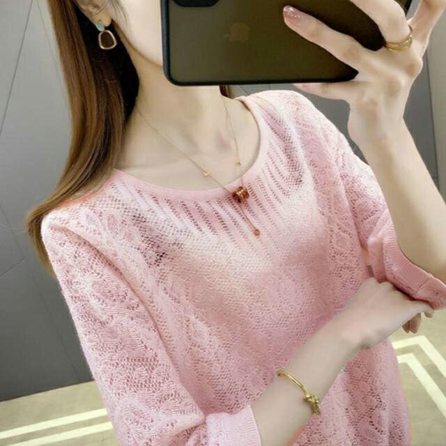 トップス カットソー プレゼント 透け感 涼しい 丸ネック 女性 レディース サマーニット 春夏秋 薄手 編みニット 通気 きれいめ 7分袖 おしゃれ 大人 体型カバー 上品 大きいサイズ 無地 プレゼント ギフト ニット