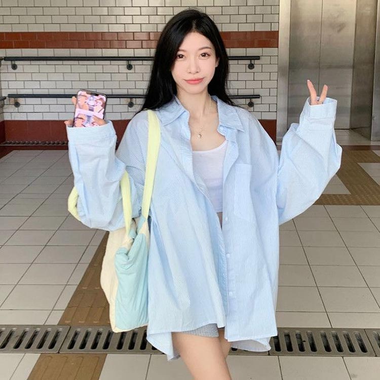 オーバーシャツ ラッシュガード レディース トップス ラッシュガード シャツ ブラウス 長袖 春 夏 秋 UVカット ストライプ 体型カバー 釣り ランニング ガーデニング キャンプ バーベキュー プール 水着 海水浴 フェス 日焼け防止 春夏 紫外線対策 UV対策 firststep2-10007035 firststep サンプル画像2