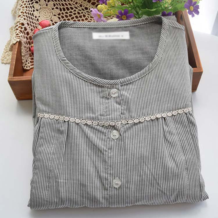 送料無料 パジャマ ダブルガーゼ ガーゼパジャマ 綿100％ コットン ストライプ 上下セット 前開き ルームウェア 哺乳 授乳 レディース 部屋着 長袖 襟なし ナイトウェア シャツパジャマ 寝間着 大きいサイズ 通気性