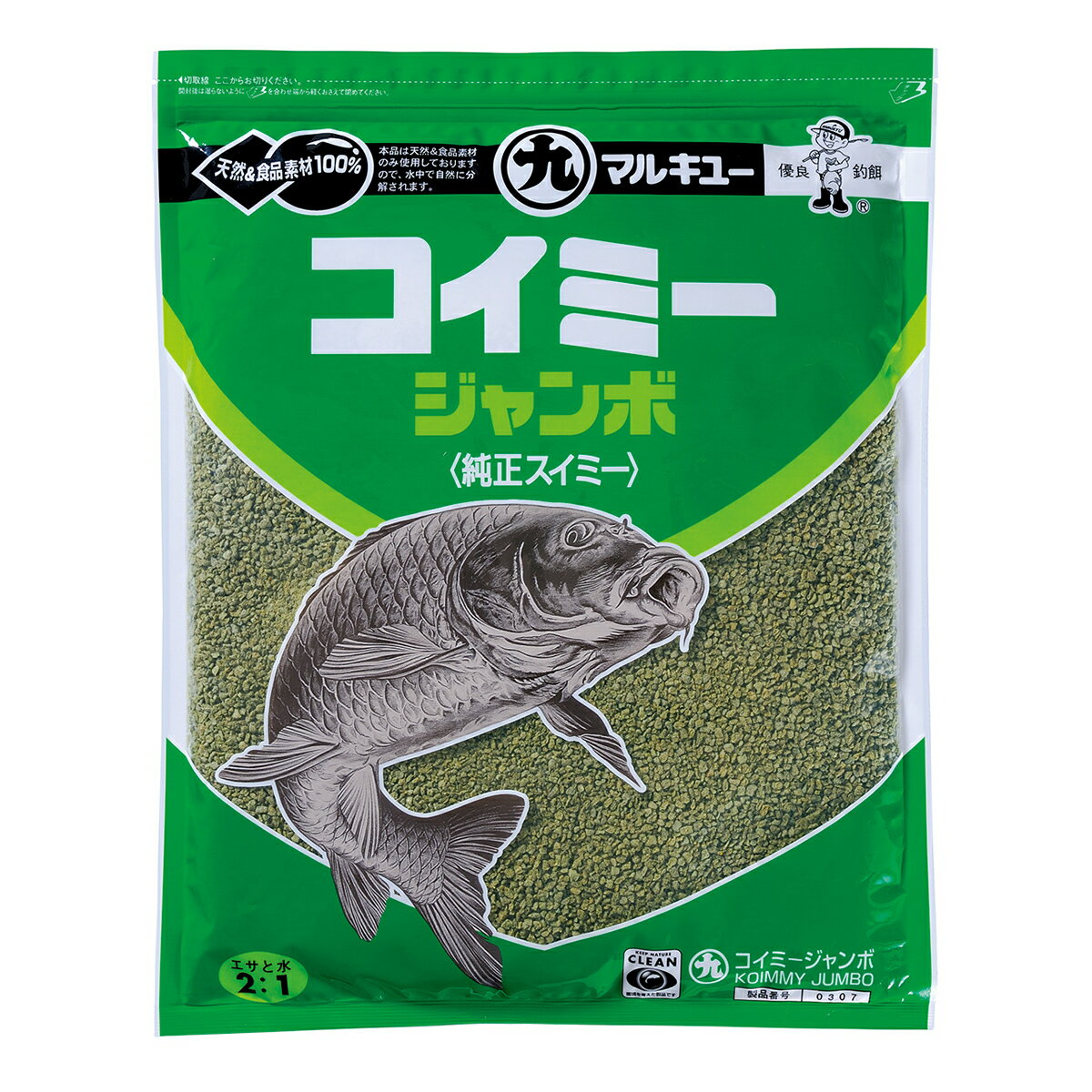 マルキュー コイミー ジャンボ (鯉用エサ)■内容量：ジャンボ　1,700g■主原材料：魚粉加工品■栄養成分：[コイミージャンボ]粗タンパク14.4％以上、粗脂肪4.0％以下、粗灰分11.7%以下、炭水化物78.3％以下■保存方法：直射日光・高温多湿を避けて保存してください。≪マルキュー 鯉用エサ≫●動物性タンパク質を含む観賞魚用の飼料を主原材料に、誘魚性分を配合。●よくバラける性質と高品質素材を大量に用いたことから、驚異の実績を記録。●多くの釣り堀・釣り池で愛用されている、鯉のウキ釣り用配合エサです。●「在庫有り」の表示であっても、必ずしも在庫を保証するものではありません。掲載商品につきましては、各モール及び実店舗と在庫を共有しております。完売や欠品の場合は、誠にご迷惑をお掛けいたしますが、御注文をキャンセルさせていただく場合がございます。予めご了承ください。●商品画像は代表画像の場合もございます。商品名等をご確認の上ご購入ください。また、仕様変更により商品スペックやパッケージ、内容量などが変更となる場合がございます。仕様変更に伴う返品、商品交換の際の往復送料はお客様ご負担となります。予めご了承ください。バラけて寄せる、ウキ釣り用配合エサ