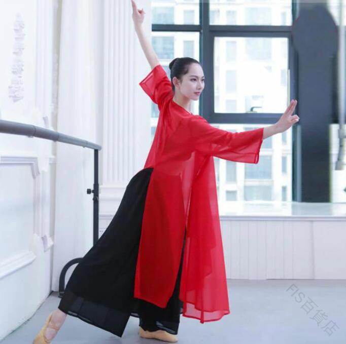 ロングシフォン羽織 レディース用古典舞踊ダンス衣装 前開き 大きめサイズ ロング羽織 ブラウズ サイドスリット付き チャイナ服 中国民族舞踊衣装 オーバー羽織コ...