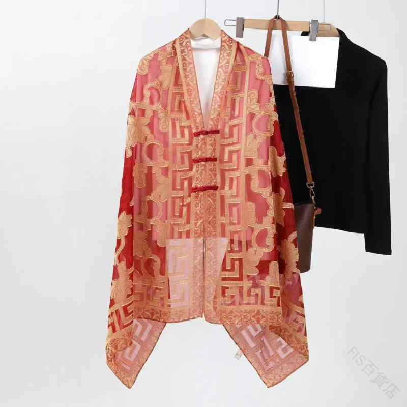 ショール レディース 薄手 春夏 透かし花柄 チャイナ風 チャイナボタン付き エスニック 大判サイズ 旅行 アウトドア UVカット 日よけ 冷房対策 ポリエステル素材 おしゃれで軽量な羽織り物