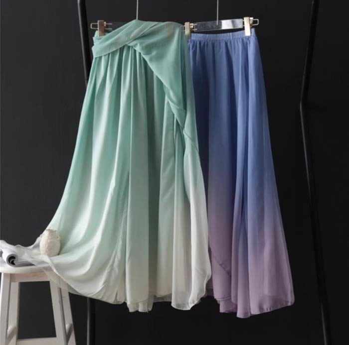 ダンス パンツ グラデーション シフォン ガウチョパンツ ワイドパンツ ダンス衣装 ふんわり飄逸 スカート風ロング丈 古典ダンス 衣装 バレエ 社交ダンス ジャズ バレエパンツ 中華民族ダンス 古典舞踊 練習着 レッスン着 スカーチョ 舞台演出服 グリーン パープル