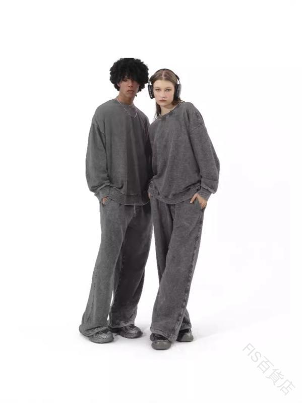 セットアップ メンズ アメリカンレトロ クルーネック ドロップショルダー スウェットトレーナー ウォッシュ加工 ユーズド加工 裏毛 厚手 綿 ジョガーパンツ オ...