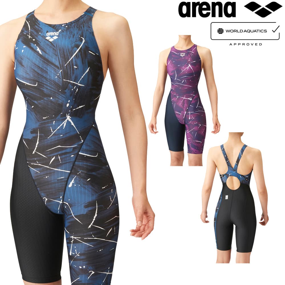 アリーナ ARENA 競泳水着 レディース WORLD AQUATICS承認 レーシングハーフスパッツ オープンバック オールインワン AQUA RACING AQUA STRIPE-D 2024年春夏モデル ARN-4068W