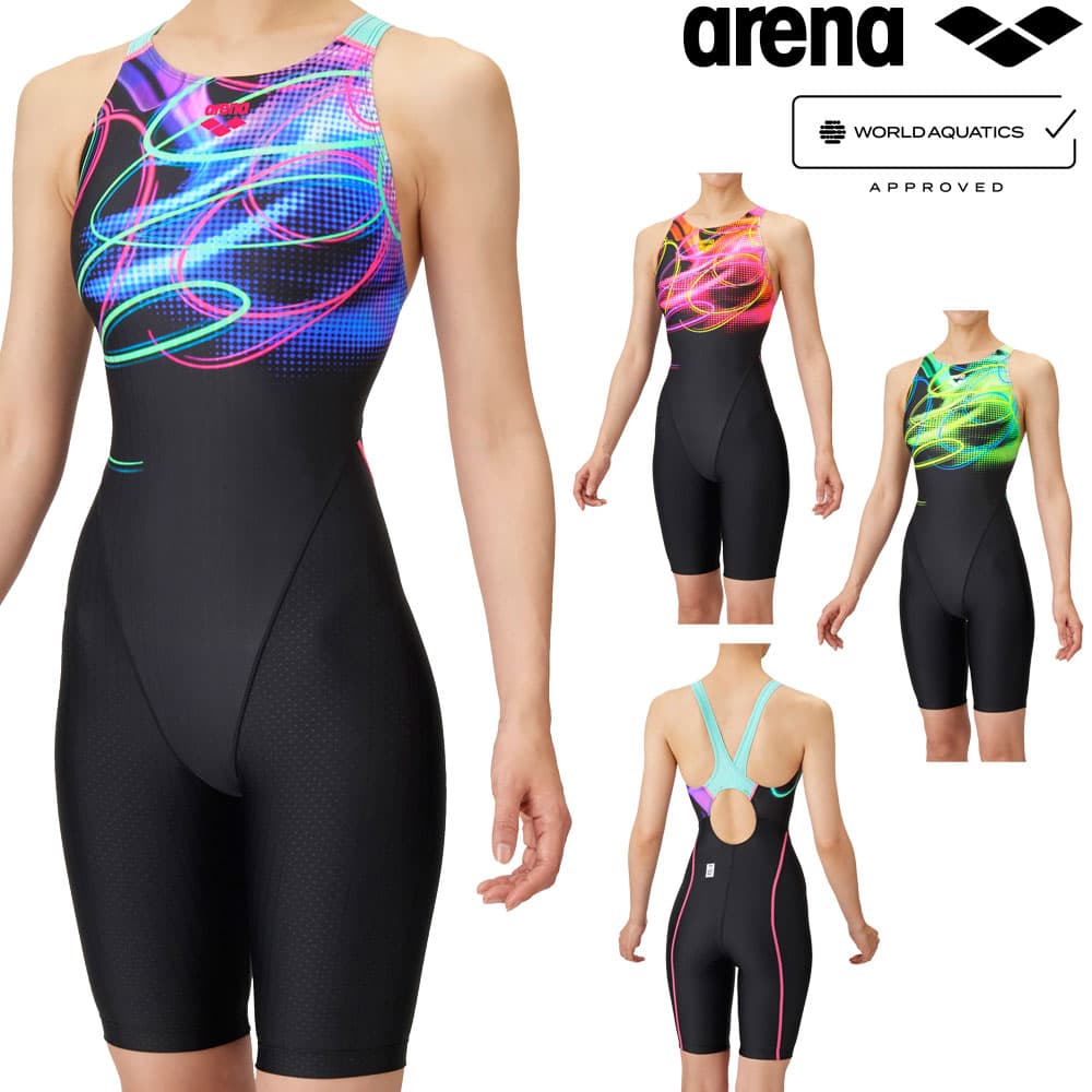 アリーナ ARENA 競泳水着 レディース WA承認モデル レーシングワンピーススパッツ オープンバック ハーフレッグ オールインワン AQUA RACING AQUA STRIPE-D 2025年春夏モデル AS5SRC69L fina マーク あり