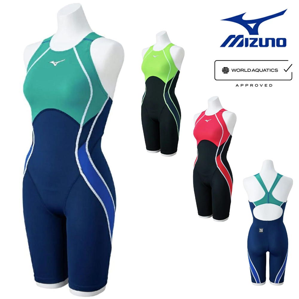 ■メーカー希望小売価格はメーカーカタログに基づいて掲載しています ※当店フィットネスショップFIT-INの掲載商品は 全て当店在庫となります。 ■製造販売：ミズノ株式会社 ■素材・特徴 環境に配慮したエコフレンドリー素材であり、バイオミメティックス由来のリブレット構造で低抵抗を実現した、撥水・ストレッチニット素材：Stream Fit Ribtex 使用の競泳レース用水着“GX・SONIC STREAM”です。 肌への一体感を高めるシームレス（接着仕様）のここちストラップU採用。 【ポリエステル83％・ポリウレタン17％】 【ハーフスーツ(オールインワン)】 太ももヒップを包み込むが、開脚時の違和感も感じさせない。 筋肉の凹凸をフラットに補正し、筋肉のブレ揺れを軽減するホールド感を実現。 【背面形状：オープンバック】 【パッドフック受け付き】※別売りのパッドを装着するためのフック受けがついております。※パッドは付属しておりません。 【股下：約23.0cm(Mサイズ)】 【胸部・中当て裏地付き】 【WORLD AQUATICS承認モデル・WA承認モデル】 World Aquatics(世界水泳連盟)※旧国際水泳連盟(fina) 国際水泳連盟(FINA)は水泳種別競技大会の国際管理機構です。 2022年12月にFINAから名称が変更され、World Aquaticsとなりました。 ■カラーバリエーション 82：ネイビー×ターコイズ 93：ブラック×ライムグリーン 96：ブラック×ピンク ■ご注意：初めて競泳水着をお求めの方へ 競泳水着は「速く泳ぐ事」を最大のテーマに設計されております。 身体にフィットし、流水抵抗を軽減させる事を目的とした素材や寸法となっている為、個人差はございますが、フィットネス用の水着などと比較すると窮屈に感じられる事がございますので、予めご了承ください。