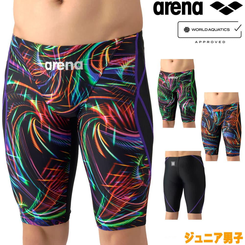 乐天商城 - アリーナ ARENA 競泳水着 ジュニア男子 WA承認モデル AQUA RACING ECO AQUA STRIPE-D レーシングスパッツ ハーフレッグ 2026年春夏モデル AS6SRC77B fina マーク あり