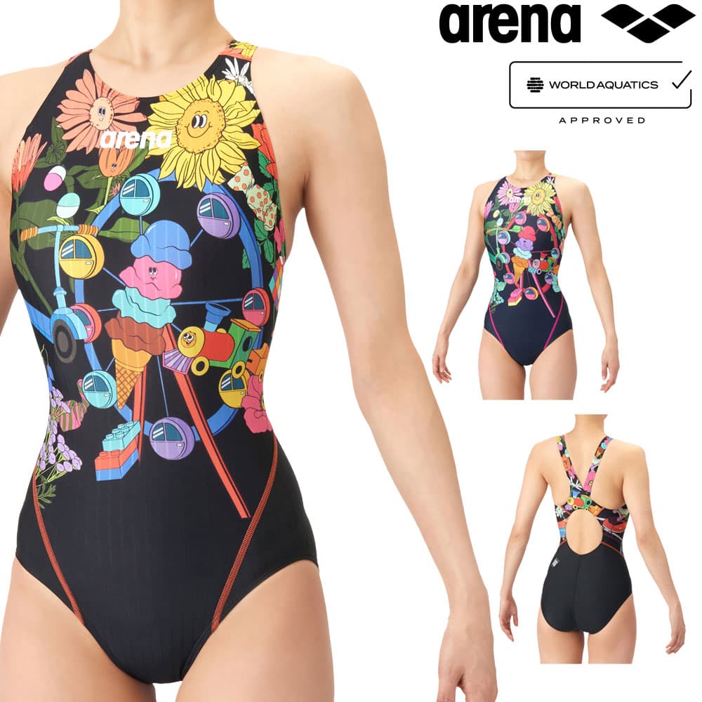 乐天商城 - アリーナ ARENA 競泳水着 レディース WA承認モデル AQUA RACING ECO AQUA STRIPE-D FUN GRAPHICS レーシングワンピース オープンバック 2026年春夏モデル AS6SRCP1L fina マーク あり