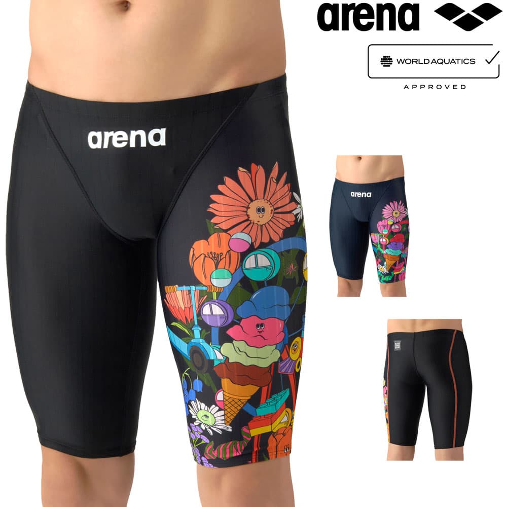 樂天商城 - アリーナ ARENA 競泳水着 メンズ WA承認モデル AQUA RACING ECO AQUA STRIPE-D FUN GRAPHICS レーシングスパッツ ハーフレッグ 2026年春夏モデル AS6SRCP2M fina マーク あり