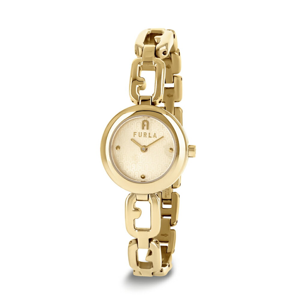 COMMENT ブレスレットのようなデザインのベルトが上品なフルラの腕時計。 12時部分がフルラのアーチロゴになっています。 【フルラ/FURLA】 【カラーバリエーション】ゴールド SPEC 【ケース】直径約25mm　厚み約8.0mm 【腕周り】14.1〜21.0mm 【文字盤カラー】ゴールド 【ケース素材】ステンレススチール 【ベルト素材】ステンレススチール 【風防】ミネラルガラス 【ムーブメント】クオーツ 【防水性】50m防水 【付属品】保存箱
