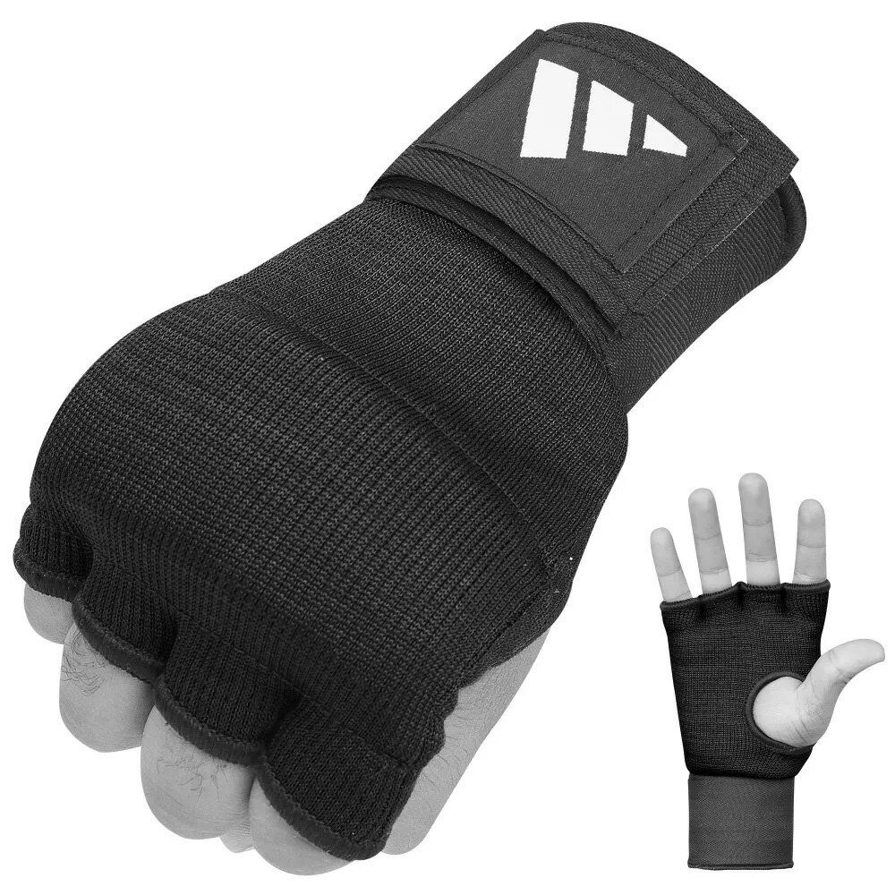 アディダススーパー インナーハンドラップ（左右セット）・ 拳の保護のためにハンドラップ。・手袋のようにはめて、手首に巻くだけの簡単装着ベルクロタイプ・ボクササイズ時にもおすすめです ■サイズ（手のひらの中央周囲）XSサイズ 15〜17cm Sサイズ 17〜19cm Mサイズ 19〜21cm Lサイズ 21〜23cm XLサイズ 23〜26cm ■カラーブラック■素材ポリエステル、綿