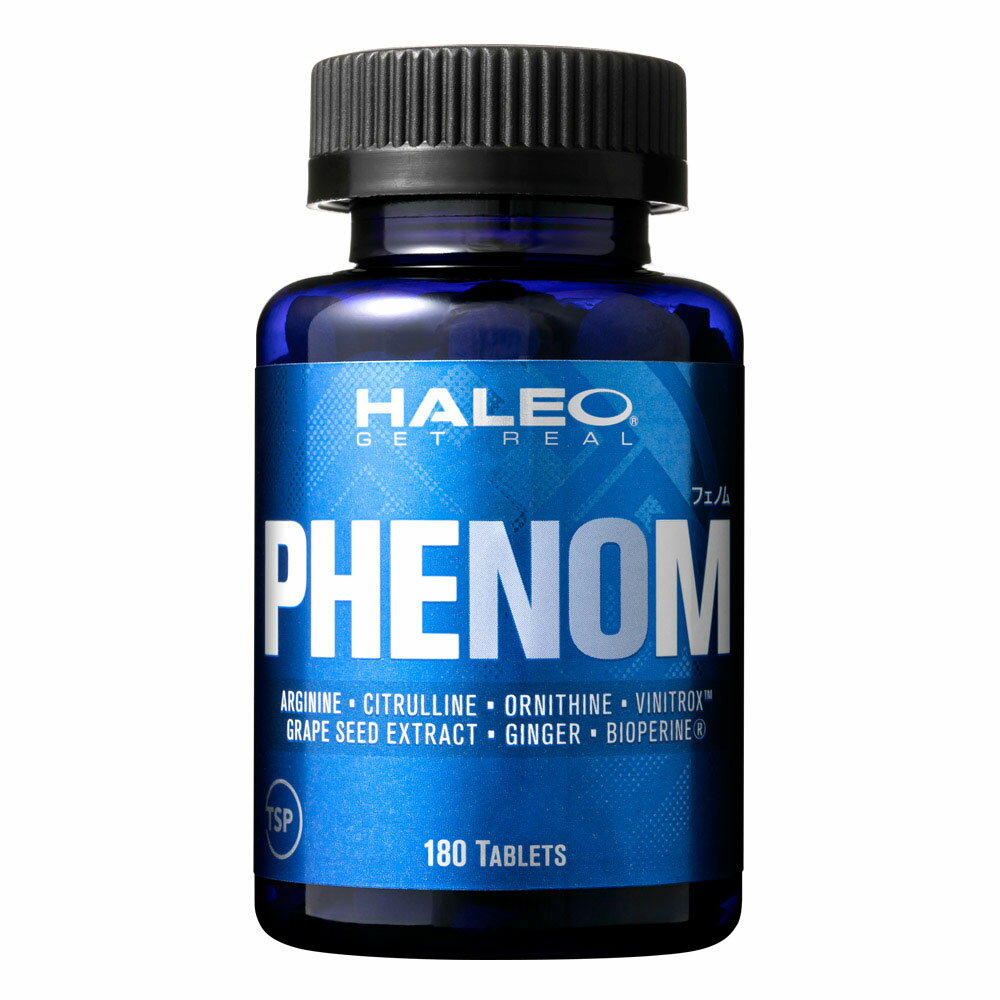 スマホ・モバイルでいつでもアクセス！ [HALEO]PheNOm(フェノム)(180タブレット)▼商品ページQRコード▼ 【PheNOm（フェノム）】でかつてないパンプ感を体感せよ！ PheNOm（フェノム）はアミノ酸ブレンドのOCAA&reg;（アルギニン、シトルリン、オルニチン）を配合し、カラダづくり＆パフォーマンスサポートのためにデザインされました。 さらに、PheNOm（フェノム）にはリンゴとブドウのポリフェノールブレンドであるVinitrox&trade;、ブドウ種子エキス、ブラックジンジャーなどのパフォーマンスサポート成分も配合されています。 かつてないほどのパンプアップ感とパフォーマンスレベルの向上を体感できることでしょう。 ●お召し上がり方● 1食分につき6タブレット程度を目安に水などと一緒にそのままお召し上がり下さい。開封後は賞味期限にかかわらずお早めにお召し上がり下さい。 内容量：180タブレット原材料：L-アルギニン、L-シトルリン、フルーツ果皮エキス（ブドウ果皮エキス、リンゴ果皮エキス）、L-オルニチン塩酸塩、ブドウ種子エキス、ブラックジンジャーエキス、黒コショウエキス（ピペリン含有）、結晶セルロース、ショ糖脂肪酸エステル、微粒二酸化ケイ素、光沢剤 栄養成分表示　1食分目安6粒あたり エネルギー 13kcal たんぱく質 2.12g 脂質 0.19g 炭水化物 0.76g ナトリウム 3.4mg 　 　 PheNOm（フェノム）フォーミュラプロフィール　　1食分目安6粒あたり L-アルギニン（OCAA&reg;） 1250mg L-シトルリン（OCAA&reg;） 500mg L-オルニチン塩酸塩 （OCAA&reg;） 250mg フルーツ果皮エキス （Vinitrox&#8482;） 500mg ブドウ種子エキス 150mg ブラックジンジャーエキス 150mg バイオペリン&reg; 5mg 　 　 ■広告文責：株式会社クラブビジネスジャパン・03-5459-2841■製造者名・輸入者名：株式会社ボディプラスインターナショナル■製造国：日本製■商品区分：健康食品