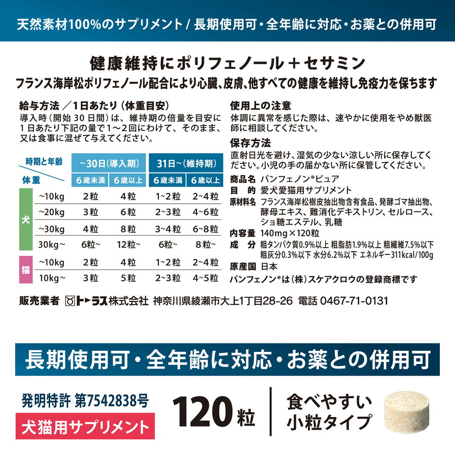 トーラス 犬 猫 サプリ パンフェノン ピュア 無添加 天然由来 国産 ペット サプリ...