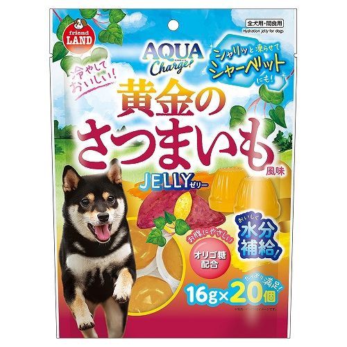 特徴おいしく、たっぷり水分補給！ シャリッと凍らせてシャーベットにしたり、そのまま 食べさせても楽しめる、さつまいも風味のゼリーです。 お腹にやさしいオリゴ糖配合。内容量16gx20個原材料糖類(砂糖、オリゴ糖)、さつまいもパウダー、増粘安定剤(カラギーナン、こんにゃく粉)、酸味料、香料、着色料(黄4、黄5、カラメル)成分粗たん白質0.01％以上、粗脂肪0.01％以上、粗繊維0.50％以下、粗灰分0.50％以下、水分85.0％以下エネルギー約84kcal/100g対象全犬種、2ヶ月～用途間食注意事項※本品は主食ではありません。必ず他のフードと合わせて与えてください。 ※食べ残した本品はすみやかに捨て、使いきりタイプのおやつとしてご利用ください。 ※生後2ヶ月未満の幼犬には与えないでください。 ※のどに詰まらせることがないよう、与える時は目をはなさないでください。 ※凍らせたカップのフタ(フィルム部分)を手のひらで覆い、体温で少し溶かすようにすると開けやすくなります。 ※開封時に中身をこぼさないようにご注意ください。 ■商品の撮影には最大限注意を払っておりますが、閲覧時のモニター環境によりましては実際の商品と若干違うお色味に映ることもございます。