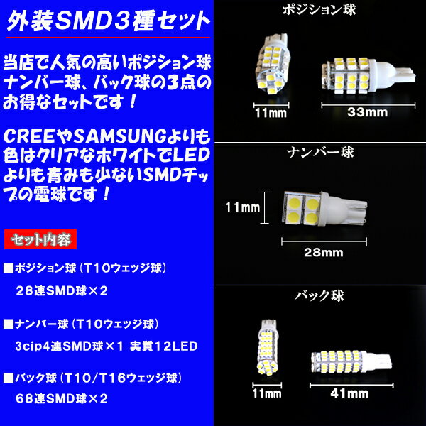 【保証付き】 バモス HM1/HM2・バモスホビオ ポジション球/ナンバー球/バック球 3種5点 合計204発 T10/T16 外装SMDセット 白 ホワイト ホンダ VAMOS 外装品 電球 LED球 LEDバルブ LEDライト カスタム パーツ ポジション灯/ナンバー灯/バック灯 車用品 カー用品