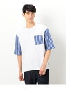 【SALE／40%OFF】シルケットコットン天竺 ストライプ柄 布帛コンビ 5分袖 Tシャツ COMME CA ISM コムサイズム トップス カットソー・Tシャツ ホワイト ネイビー【RBA_E】[Rakuten Fashion]