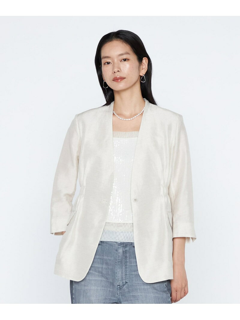 Silk - 《セットアップ対応》リネン*シルクツイル ノーカラー タックジャケット Maison Platinum コムサ ジャケット・アウター ノーカラージャケット グリーン ブラック【送料無料】[Rakuten Fashion]