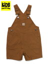 CARHARTT(カーハート) KIDS LOOSE FIT CANVAS SHORTALL ・子供用(インファント、トドラーサイズ)ショートオーバーオール ・7.2ozコットンキャンバス ・ルーズフィット ・耐久性のあるトリプルステッチ ・アジャスターで調節可能なショルダーストラップ ・ビブにパッチポケット ・サイドにスライドポケット ・バックにパッチポケット ・24Mまでのインファントサイズは脱ぎ着させやすいレッグスナップ仕様 ・2T以上のトドラーサイズはレギュラーレッグ仕様 カラー：ブラウン(CARHARTT BROWN) 素材：コットン 100% サイズ(※単位はcmになります。) 12M(INFANT)：ウエスト57　股上19　ワタリ16　裾幅14.5　股下6 18M(INFANT)：ウエスト59　股上20　ワタリ16.5　裾幅15.5　股下6.5 24M(INFANT)：ウエスト60　股上20　ワタリ17.5　裾幅16　股下6.5 2T(TODDLER)：ウエスト61　股上20　ワタリ18.5　裾幅17　股下6.5 3T(TODDLER)：ウエスト62　股上22.5　ワタリ19.5　裾幅17.5　股下7 4T(TODDLER)：ウエスト63　股上22.5　ワタリ21　裾幅18.5　股下9 ※キッズ(インファント、トドラー)サイズです。 ※USサイズ表記のため大きめの作りとなっております。サイズ感には個人差がございますので、あくまでも目安とお考え下さい。 ※こちらの商品は海外商品の為、製造過程で色ムラやプリント汚れなど多少付着している場合や、輸送過程での付属品(箱,紙タグ等)の破損などがある場合がございます。ご理解の上ご購入をお願い致します。 ※価格・デザイン・仕様について、メーカーの都合により予告なく変更することがあります。あらかじめご了承ください。 ※上記のサイズ詳細は商品により若干の誤差が生じる可能性がございます。 ※ご使用のPC環境により、製品によっては実際の商品と若干の色合いの違いが生じる場合があります。 ※商品到着後7日以上経過した商品・プライスダウンしたセール商品の返品交換は、一切お受けする事が出来ませんのでご注意ください。詳しくは、返品交換についてをご覧ください。 【在庫について】 すべての商品は実店舗、自社サイトとの共有在庫となります。 在庫更新は随時(実店舗営業時間内のみ)おこなっておりますが、ご注文いただきました商品をご用意できない場合もございます。 その場合、3日以内に必ず電話もしくはメールにてお知らせいたします。あらかじめご了承ください。