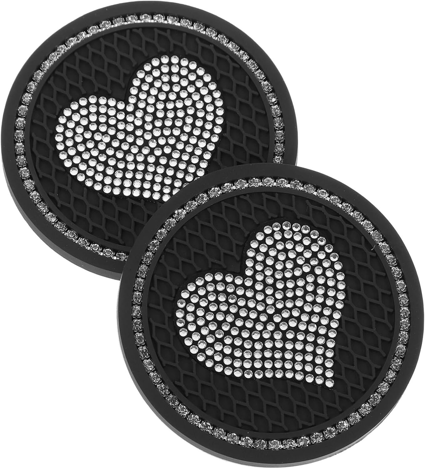 車 コースター キラキラ 車用コースター 2枚 黒 ハート柄 ダイヤモンド入り 滑り止め 丸型 洗える 柔軟性 速乾 茶托 コップ敷き PVC 来客用 車 インテリア 車アクセサリー 車用品 父の日