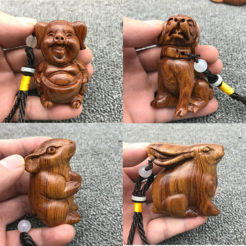 干支 木彫り ハンドル ペンダント 装飾品 キーホルダー 木 彫刻 木材 工芸品 手作 風水 運気アップ 父..