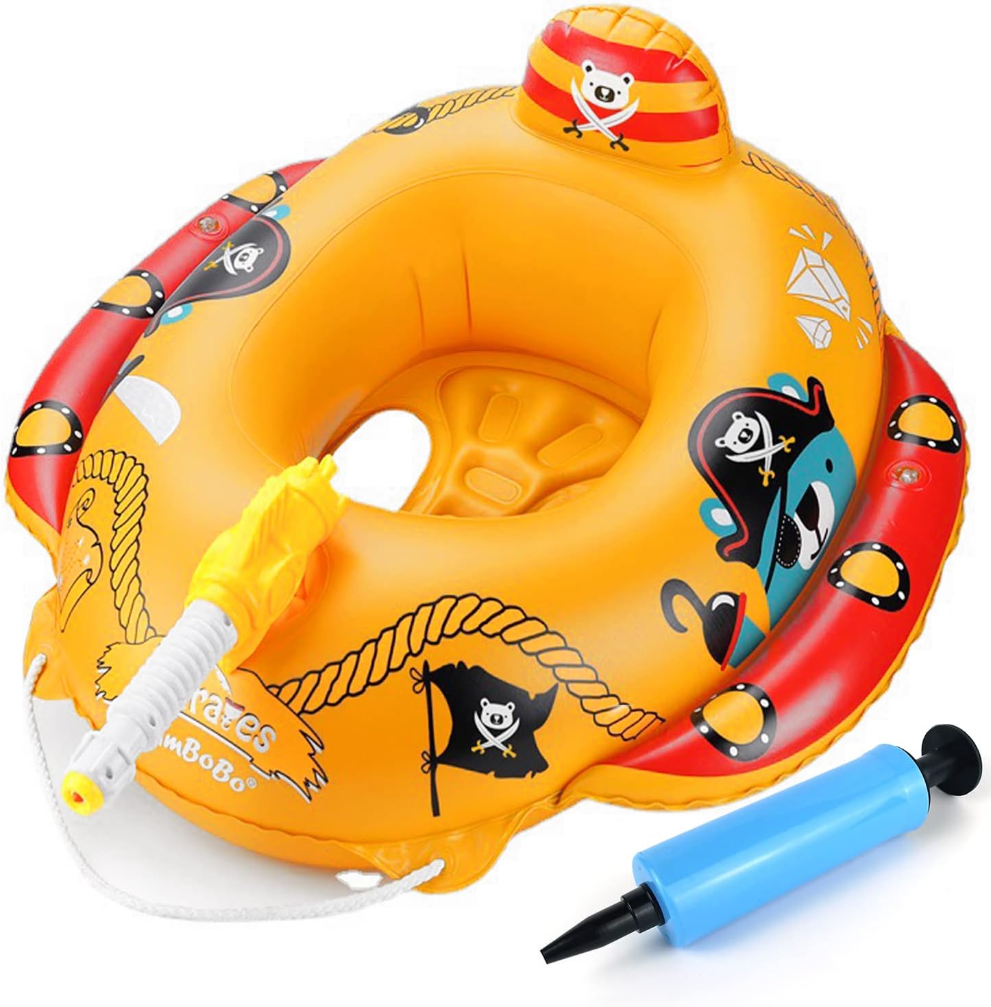 浮き輪 子ども浮き輪 うきわ 浮輪 足入れタイプ 船の形 水泳リング 放水うきわ 噴水 水鉄砲付き 空気入れ フットポンプ付属 イエロー色 夏の日 水遊び 水泳 海 プール アウトドア 浮き具 フロート 69*66*37CM 6歳以上 父の日