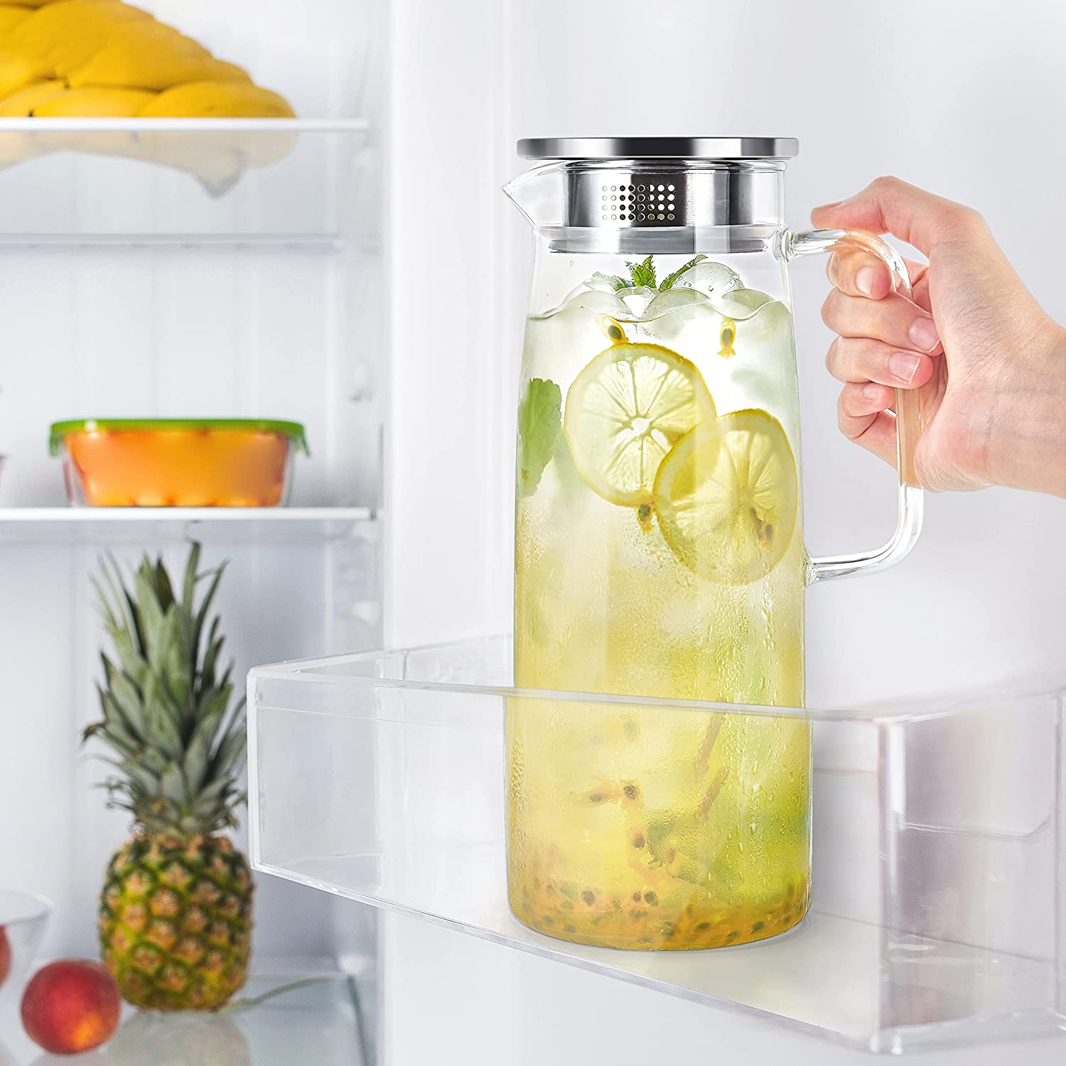 【PT10倍+10%OFFクーポン】【1400ML】麦茶ポット 冷蔵庫 ポット ハンディー ピッチャー 耐熱ガラス ジャグ SUS304ステンレス製カバー 麦茶 お茶 ティーポット1400ml 父の日