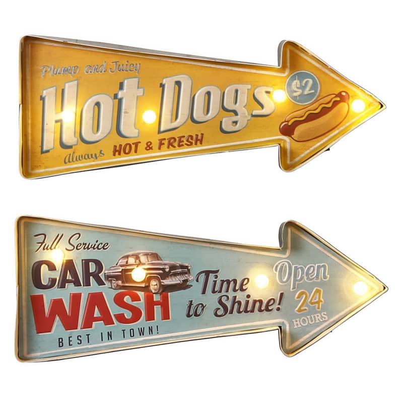 ヴィンテージLED 広告 発光サイン ホットドッグ 洗車 標識 サインメタル 電池式 吊り下げ穴付き ヴィン..