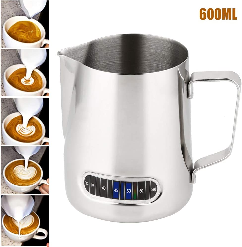【PT10倍+10%OFFクーポン】ミルクポット ミルクジャグ ミルクポット ミルクピッチャー 600ml ラテアート用 温度表示 304ステンレス製 温度目盛り付き ミルク泡立てピッチャー ドリンクピッチャー 耐熱 コーヒー用品 父の日