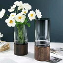【PT10倍+10%OFFクーポン】花瓶 ガラス 木製 フラワーベース 北欧 おしゃれ 花器 透明 スモークグレー 大きい 花びん シンプル 12*26cm 北欧 インテリア リビング 寝室オフィス 可愛い かわいい インテリア 水栽培 生け花 造花 父の日