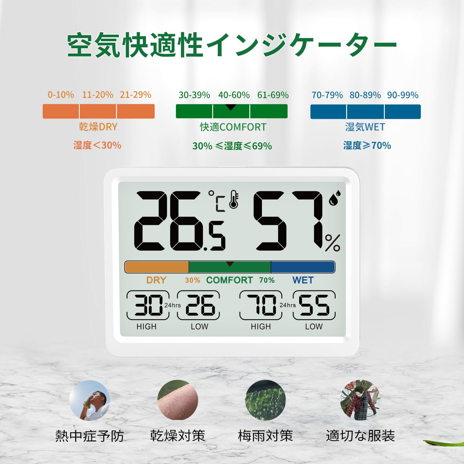 デジタル 温湿度計 温度計 おしゃれ 手のひらサイズ 温湿度計 デジタル温度計 湿度計 室内温度計 快適表示 卓上湿度計 マグネット 最高最低温湿度表示 LCD大画面 室温計 梅雨対策 華氏/摂氏表示 ホワイト 乾燥肌 熱中症対策 ミニ室内湿度計 [2]