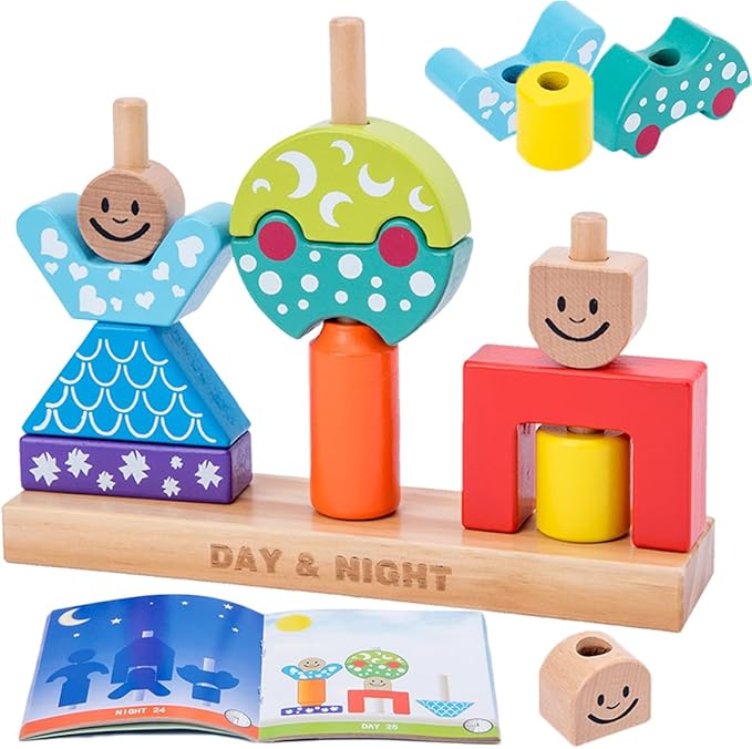 知育玩具 積み木 棒通し1 2 3 4歳幼児 指先訓練 形状認知 早期開発 はめこみ 形合わせ 観察力 空間認識など多機能 カラフルな木製おもちゃ 女の子男の子 誕生日 クリスマス プレゼント チャレンジ手帳付き（昼と夜のパターンは計48問）