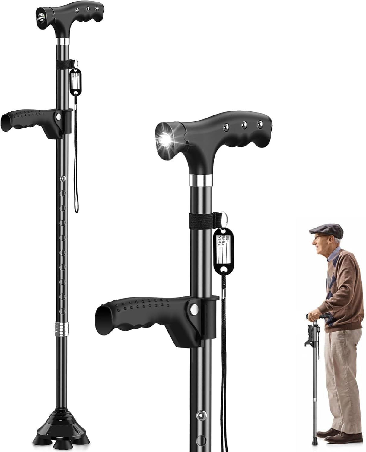 ステッキ 杖 倒れない 自立式4点杖 男女兼用 クレバーケーン伸縮式 軽量アルミ製 長さ調節可能 補助ハ..