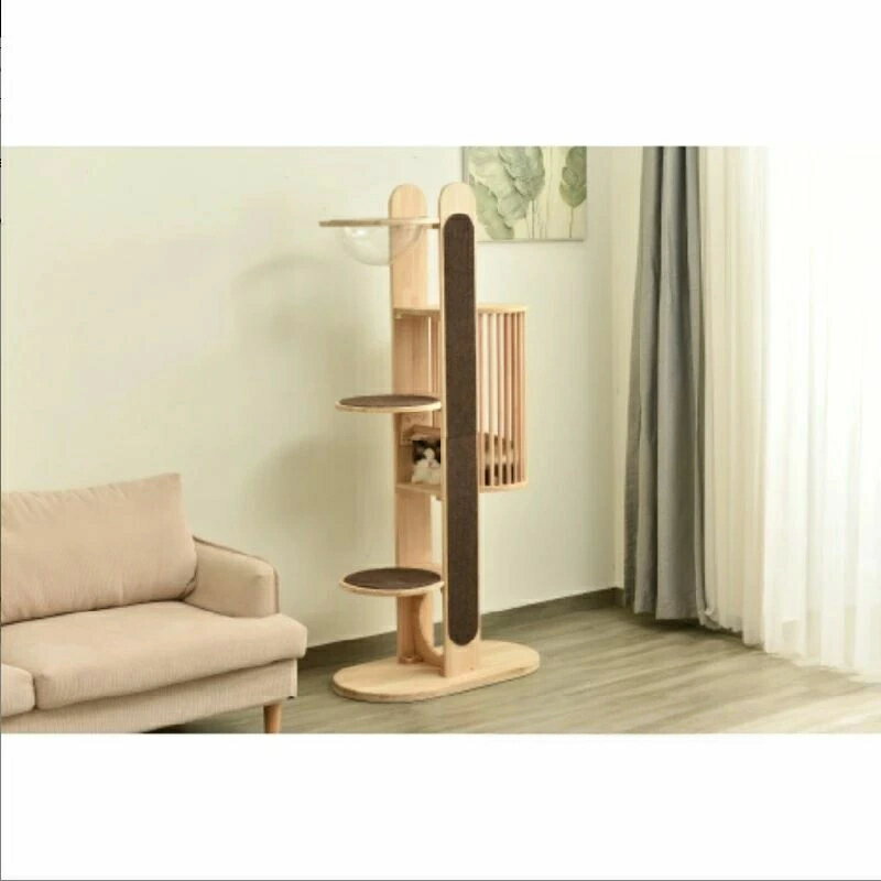 キャットタワー 木製 天然木 宇宙船付き 猫ハウス 頑丈 据え置き おしゃれ 可愛い麻紐 爪とぎ支柱 安全..