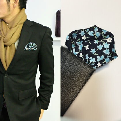 ポケットチーフ 挿すだけ 台紙 フィックスポン パッフド2【シルク】【ネイビー】【花柄】 fixpon 差し込み式 送別 卒業式 入学式 入社式 結婚式 ブライ...