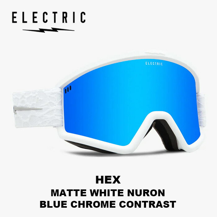 MODEL : HEX MATTE WHITE NURON LENS : BLUE CHROME CONTRAST (VLT23%) ・HEX（Lightweight Retro Future） HEXは22-23よりラインナップに加わったELECTRICが過去に販売してきたゴーグルデザインを参考に作られたモデル。肉厚フレームが現在トレンドの90年代にベストマッチ。 ・コントラストレンズ 光の波長と量を調整し滑走面の凸凹がはっきりと見え強い直射日光を和らげユーザーに快適かつ安心な見やすさを提供します。 ・THERMOFORMED LENSES THEMOFORMED LENSは柔軟性に長けた熱成型シートレンズを使用。フレームの柔軟性と組み合わせる事によりELECTRICの特徴でもある最高のフィット感を実現します。 ・アジアンフィット ・高性能反射防止コーティング ・高性能防曇、キズ防止コーティング ・100％UVカット ・TPU軽量フレーム ・三層構造フェイスフォーム ・ヘルメット対応 ・メガネの上からでも装着可能 ・ミディアム/ラージフィット ・95mm H x 175mm W x 85mm D ・Weight: 125g ※ご注意※ ・製造過程で細かいキズがつくことがあります。ご了承ください。 ・実店舗と在庫を共有しているため、タイミングによって完売となる場合がございます。 ・モニターの発色によって色が異なって見える場合がございます。 【返品交換不可商品】