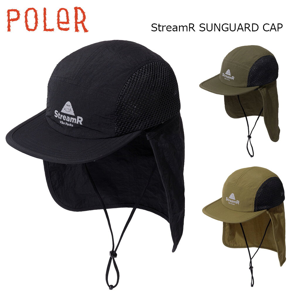 POLER ポーラー StreamR SUNGUARD CAP ストリーム サンガード キャップ 【詳細】 群馬県みなかみ町に拠点を置くプロフィッシャー・福山正和が手掛けるTONEDTROUTとPOLERによるコラボキャップ。 シンプルなキャップスタイルにも対応し、紫外線対策、首元の日焼けも防止するサンガード付き。強い風に対応するストラップも嬉しい。 大人用ワンサイズ：約59cm 【素材】 本体：ナイロン100％ メッシュ：ポリエステル100％ ※ご注意※ ・実店舗と在庫を共有しているため、タイミングによって完売となる場合がございます。 ・モニターの発色によって色が異なって見える場合がございます。 ・柄生地、デザイン生地を使用している商品につきましては生地の取り方により柄位置が異なる場合がございます。 ・掲載画像はメーカー企画段階の画像となりますので仕様変更やデザイン変更等により掲載画像と異なる場合がございます。 ・生産の過程上、縫製作業の糸の継ぎ目、擦過による小さな汚れ、プリント等のムラ、色移り、サイズの数センチのバラつき等が生じる場合がございます。予めご理解頂けます様、よろしくお願い致します。