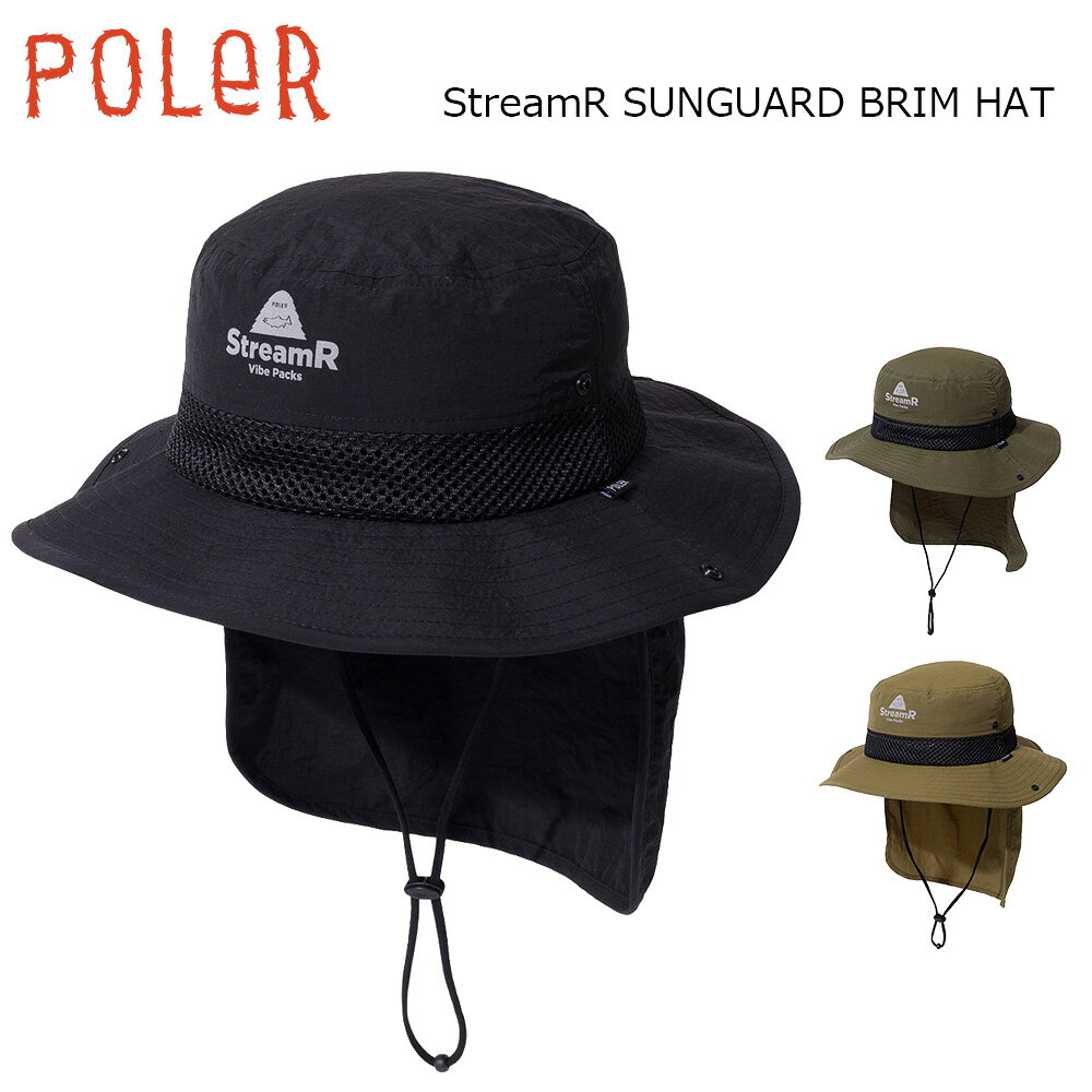 POLER ポーラー StreamR SUNGUARD BRIM HAT ストリーム サンガード ブリムハット 【詳細】 群馬県みなかみ町に拠点を置くプロフィッシャー・福山正和が手掛けるTONEDTROUTとPOLERによるコラボハット。サンガードとハットのツバで全方位の日差しをしっかりガード。強い風に対応するストラップも嬉しい。 シンプルなアドベンチャーハット、バケットハット系のスタイルで再度メッシュが蒸れを効果的に解消します。 大人用ワンサイズ：約59cm 【素材】 本体：ナイロン100％ メッシュ：ポリエステル100％ ※ご注意※ ・実店舗と在庫を共有しているため、タイミングによって完売となる場合がございます。 ・モニターの発色によって色が異なって見える場合がございます。 ・柄生地、デザイン生地を使用している商品につきましては生地の取り方により柄位置が異なる場合がございます。 ・掲載画像はメーカー企画段階の画像となりますので仕様変更やデザイン変更等により掲載画像と異なる場合がございます。 ・生産の過程上、縫製作業の糸の継ぎ目、擦過による小さな汚れ、プリント等のムラ、色移り、サイズの数センチのバラつき等が生じる場合がございます。予めご理解頂けます様、よろしくお願い致します。