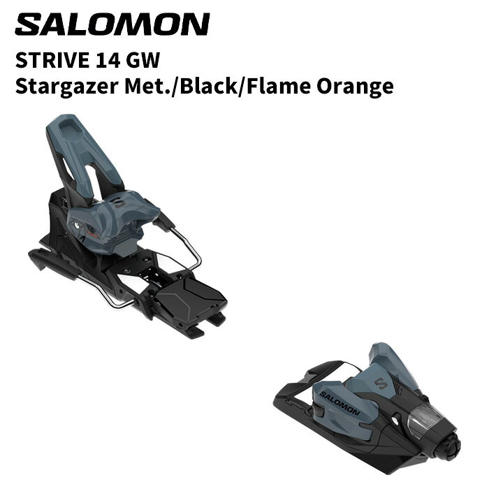 SALOMON サロモン ビンディング STRIVE 14 GW（解放値 5.0-14.0） カラー : Stargazer Met./Black/Flame Orange ブレーキ幅 : 90mm, 100mm, 115mm STRIVE 16の基本性能を受け継ぎ、DIN開放値を5-14に設定したモデルです。ヒールピースは、STRIVE 16がメタルレバー付きで高レベルのホールド感と安定性 を提供してくれるタイプなのに比べて、STRIVE 14は振動を吸収しながら必要な時にスムーズにリリースできるタイプを採用しています。 【SPECIFICATION】 HEIGHT (mm) : 19.6 WEIGHT (g) : 980,0 (1/2 pair) NORM : Alpine - Adult | Gripwalk - Adult | TV 【CONSTRUCTION】 +Elastic travel, LDN Toe, Extra-wide Toe pedal (>60mm), 3 Parts Heel ※ビンディングの単品販売は行っておりません。 　ビンディングのみのご購入はキャンセルとなります。ご了承ください。 　スキー板と同時購入でビンディングの取り付けを行っております。 ※解放値について※ 当店での解放値設定は「10」までとなっております。予めご了承ください。 ※ご注意※ ・製造過程で細かいキズがつくことがありますが、不良品には該当いたしません。 ・実店舗と在庫を共有しているため、タイミングによって完売となる場合がございます。 ・モニターの発色によって色が異なって見える場合がございます。
