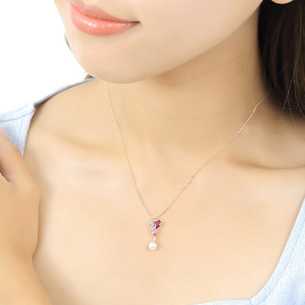ロードライトガーネット パール ネックレス Y字 K10PG 10k 10金 ピンク ゴールド ...