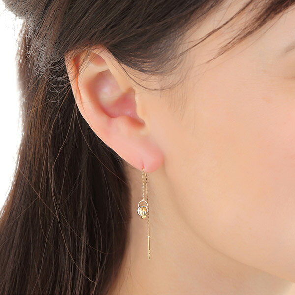 18k 18金 幸運 揺れる ゴールド ピンク ホワイト チェーンピアス ロング 3連 1ペア販売