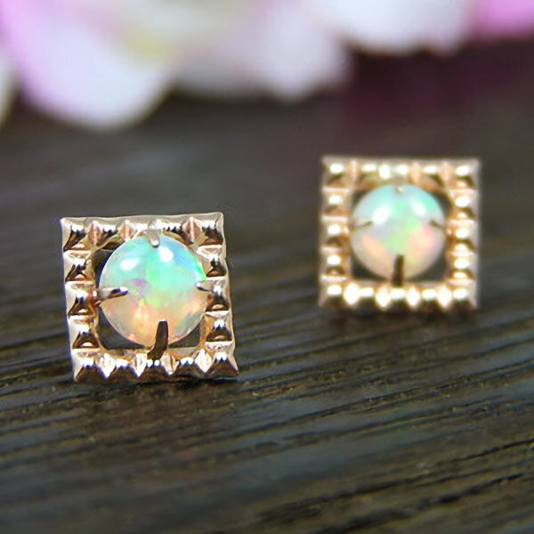 オパール ピアス K10PG 10k 10金 スクエア ピンク ゴールド 小さい 【プレゼント ギフト】 ▼