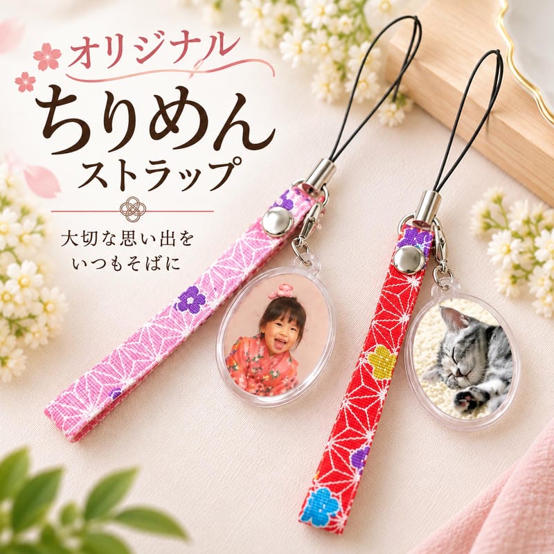 オリジナル ちりめん ストラップ 写真入り 手作りキット 写真 イラスト キーホルダー ピンク 赤 お揃い 家族 チーム ロゴ 推し活 写真ストラップ オリジナルグッズ 手作り プレゼント ギフト 記念