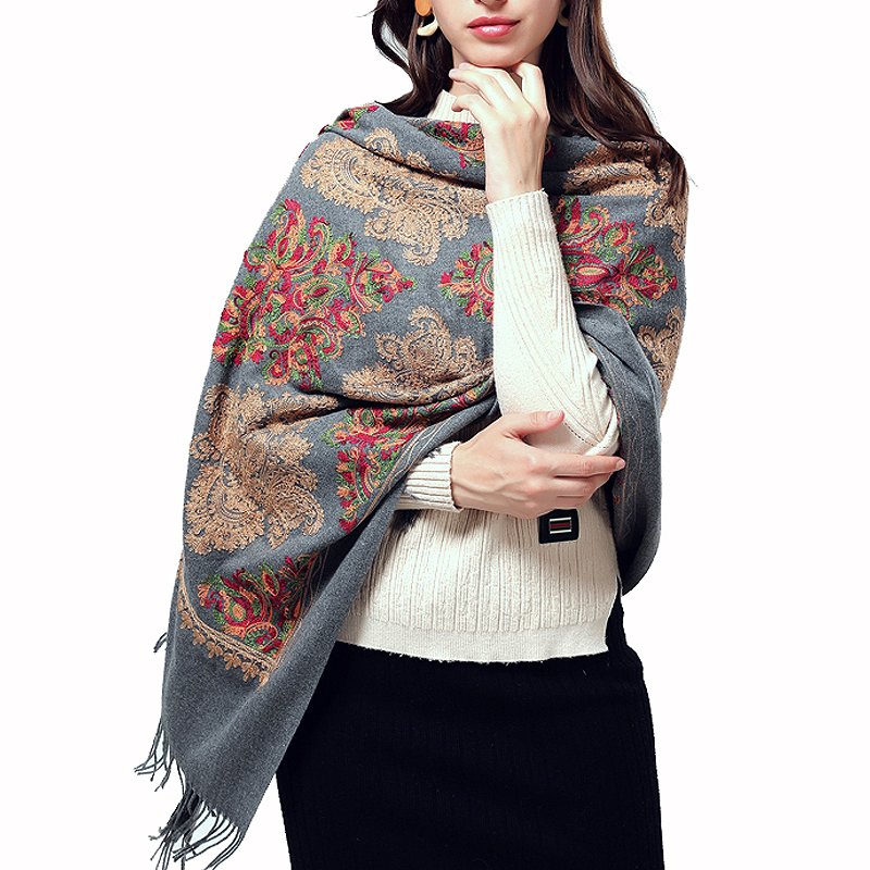 ストール/オリエンタルなアラベスク柄刺繍大判カシミアストール レディース 大判 春 秋冬 秋 冬 stall stole スカーフ ショール 結婚式 女子会 ギフト プレゼント ベージュ グレー ブラック 黒 ストール おしゃれ uvケア 母の日 敬老の日
