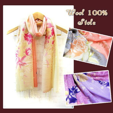 ストール/バラの花柄ウール100%大判ストール レディース 秋 冬 UV 結婚式 ショール stall stole スカーフ ストール ギフト プレゼント ピンク グレー 灰色 パープル 紫 ストール